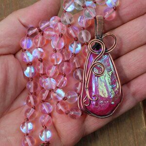 Sparkling Rose: Hand-Knotted Necklace with Titanium Quartz Pendant